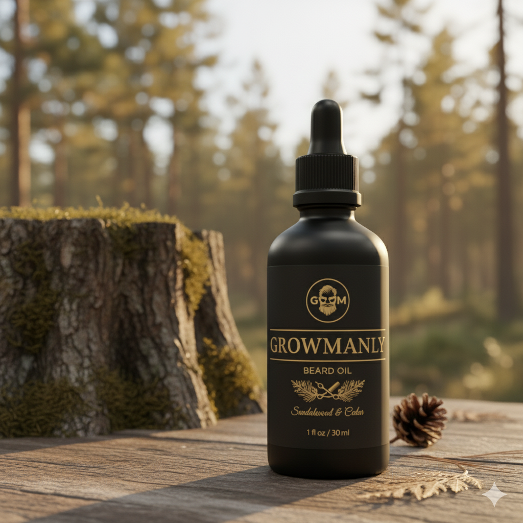GrowManly Premium Beard Oil in a glass bottle